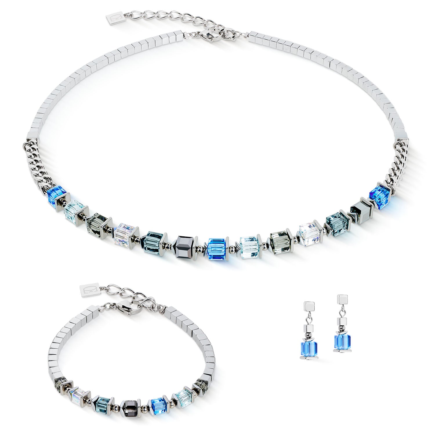Coeur De Lion Halskette Sparkling Cubes Fusion Chain Silber-Blau