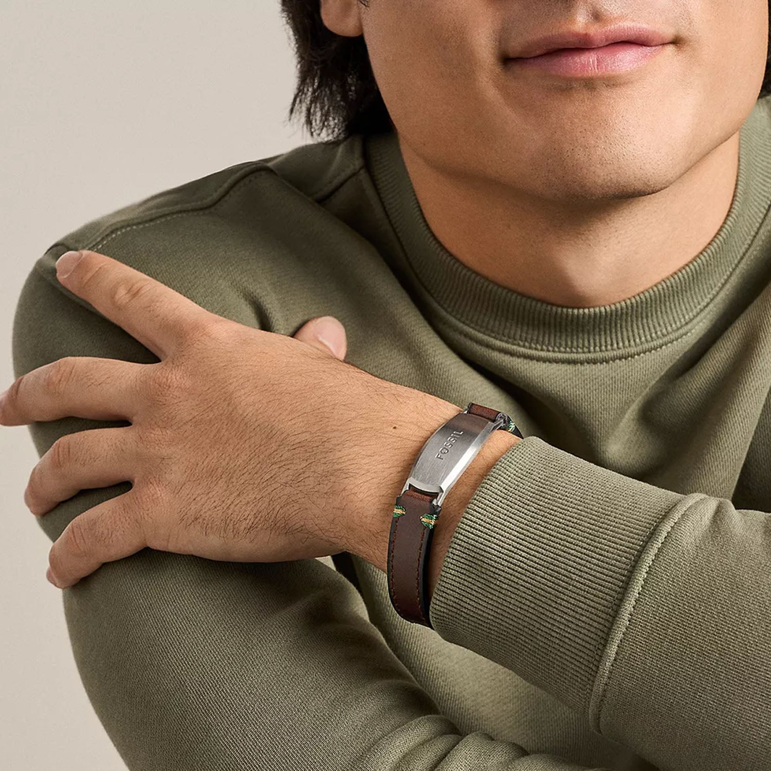 Fossil Topstitch Herren Armband aus Leder & Edelstahl